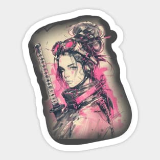 Samurai Girl Pink Cyber Sketch Art Sticker